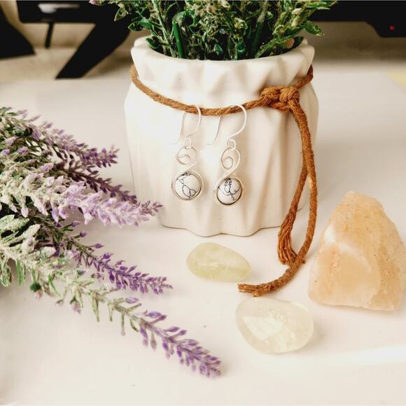 White Howlite Stone Bead Earrings / Silver-plated Wire Wrapped Earrings - Picture 3 of 7